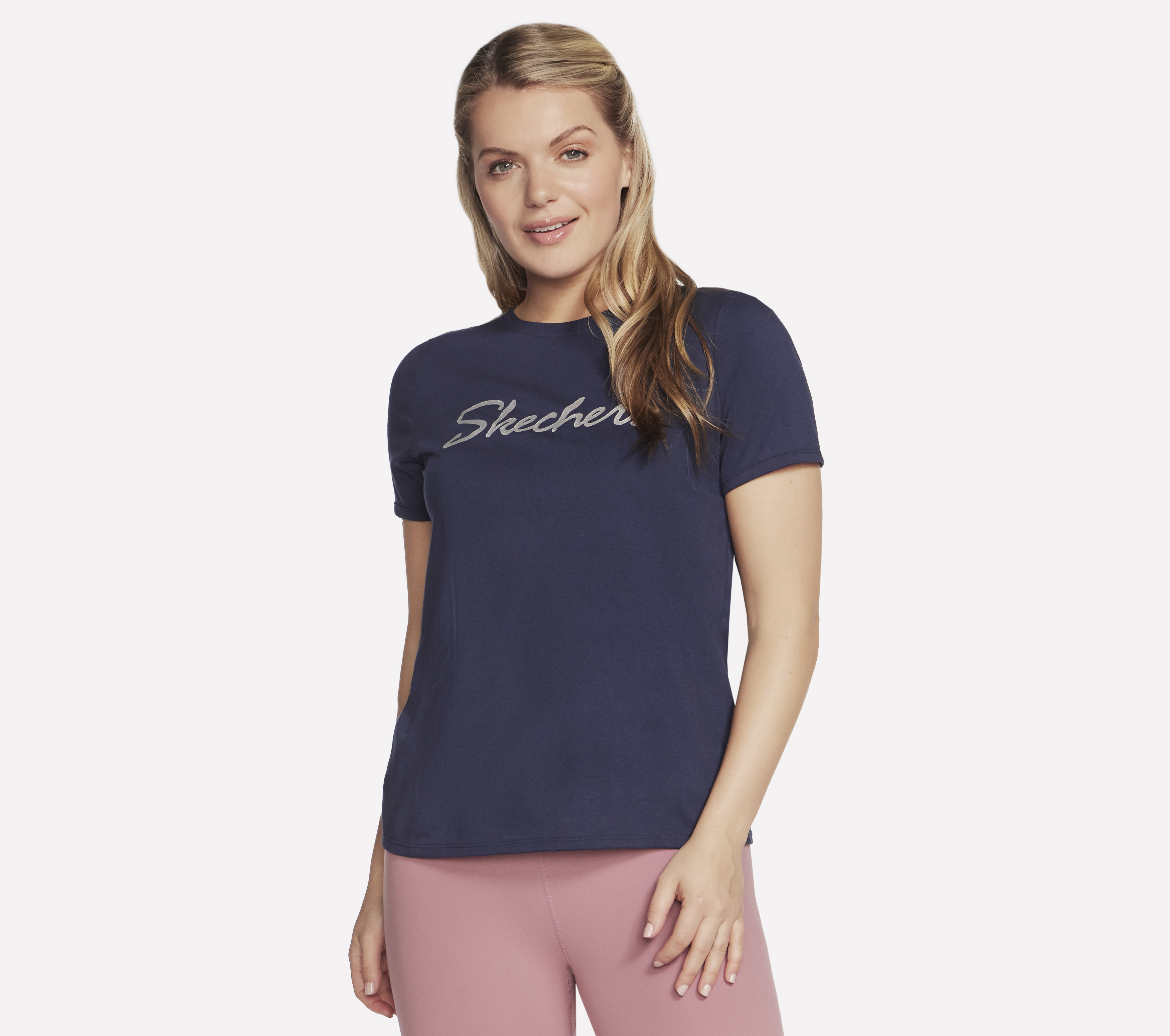 Skechers Metallic Logo T-Shirt in Marine, Größe Medium